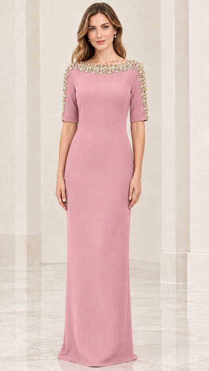 Front full-length view of model wearing dusty rose embellished half sleeve formal maxi dress