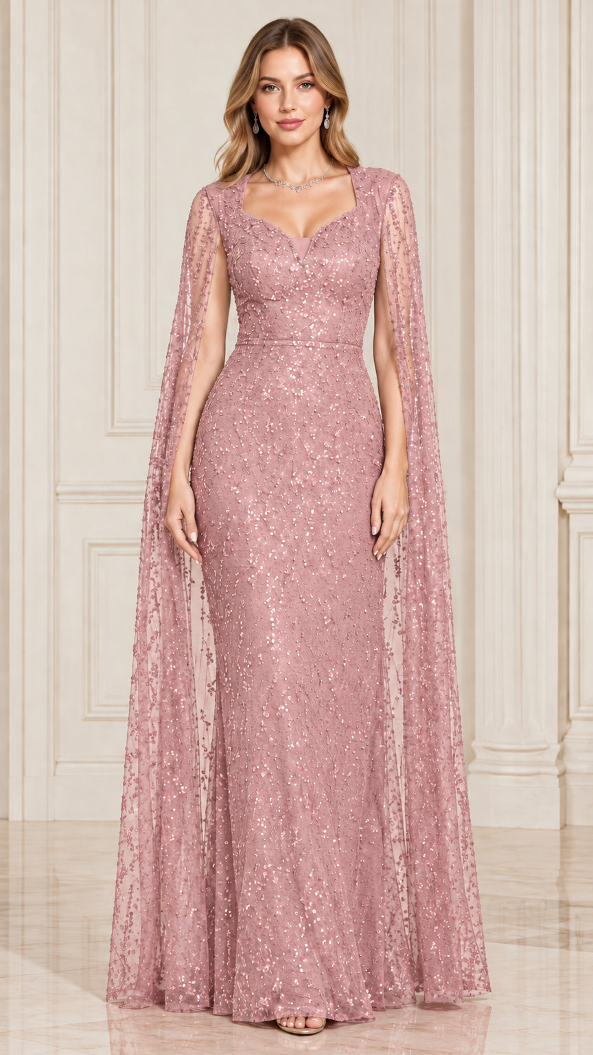 Front view of dusty pink sequin floor-length cape sleeve gown