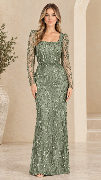 Woman wearing sage green square neck sequin long sleeve evening gown