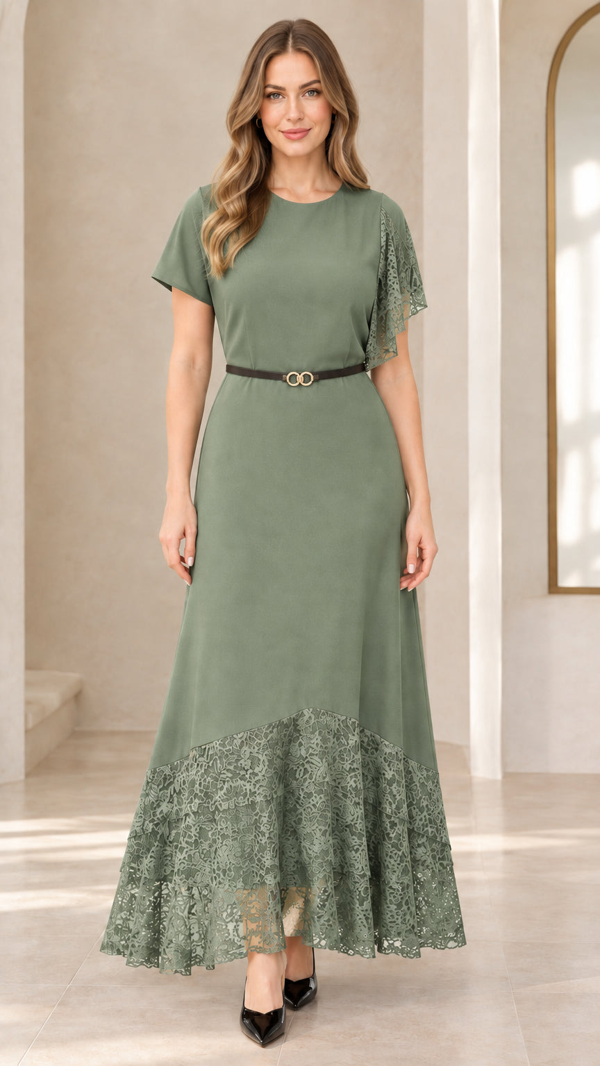 Full front view of sage green lace patchwork belted maxi dress