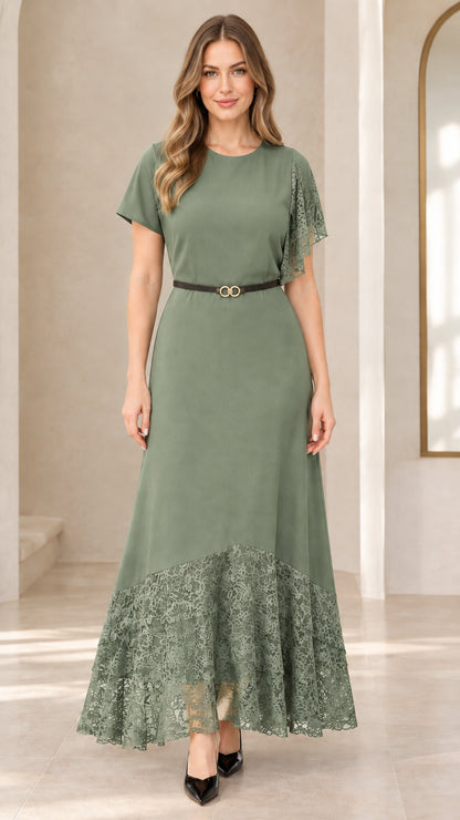 Full front view of sage green lace patchwork belted maxi dress