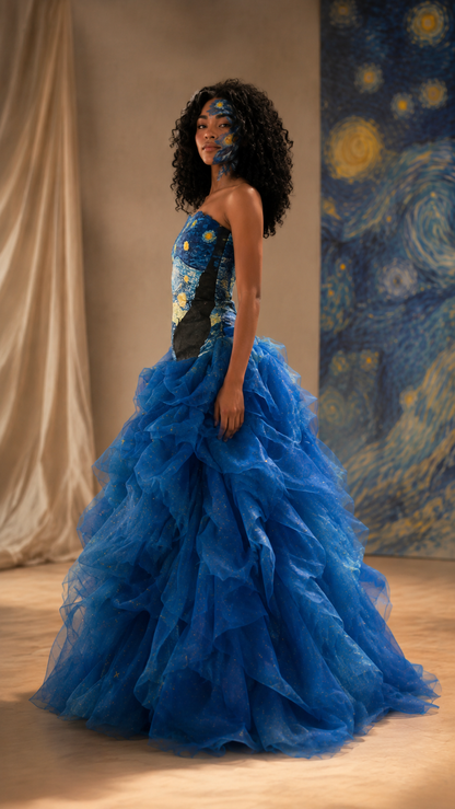 Side view of royal blue strapless ball gown with voluminous ruffle skirt