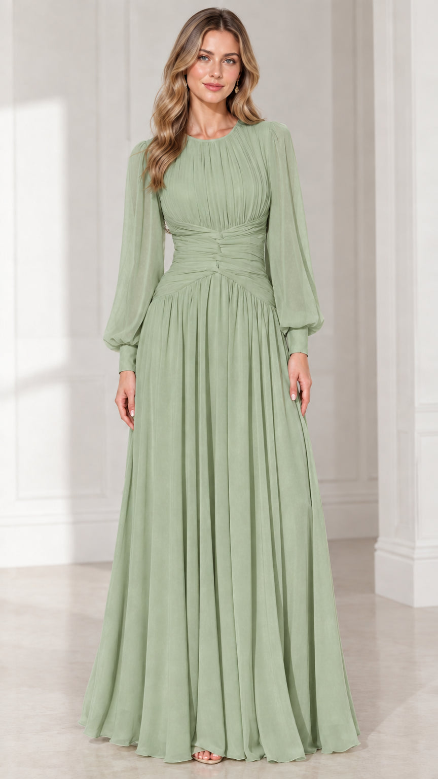 Sage green long sleeve ruched waist formal chiffon maxi dress