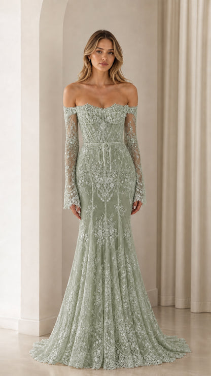 Full-length view of Sage Green long sleeve lace mermaid evening dress