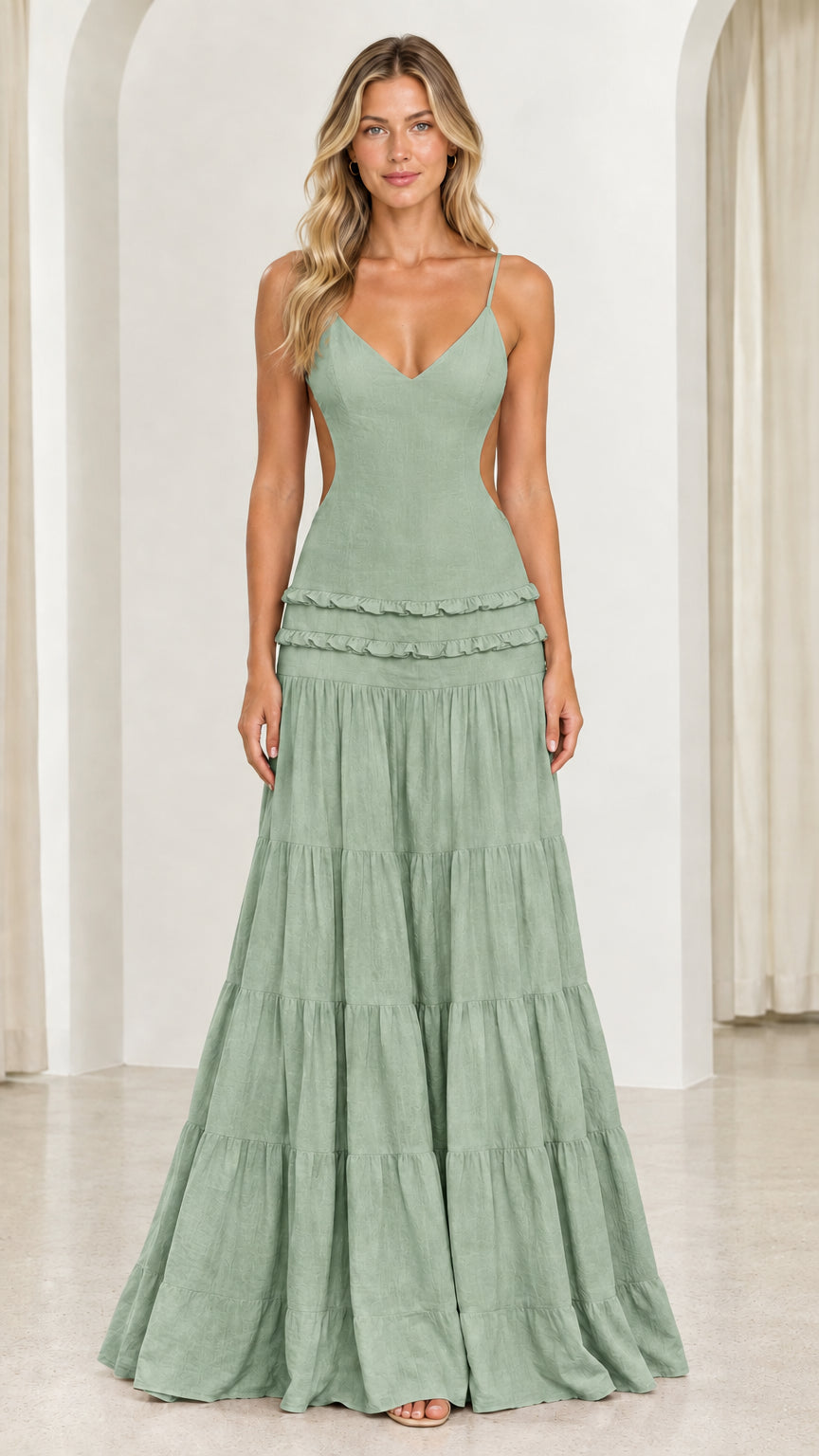 Front view of model wearing Sage Green cutout tiered maxi dress
