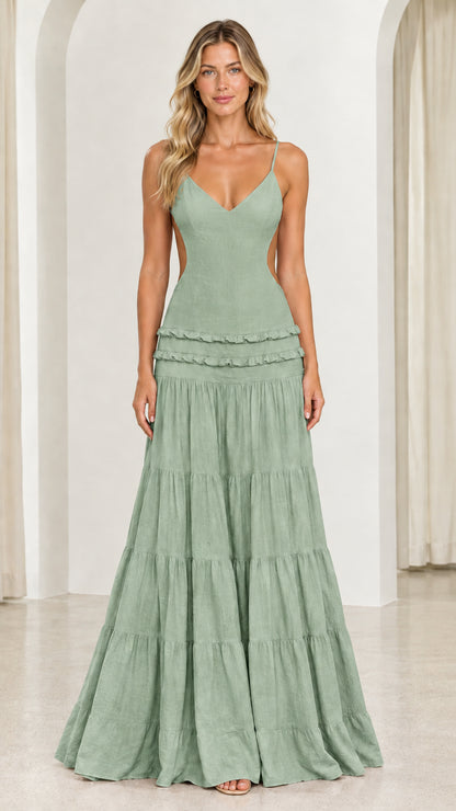 Front view of model wearing Sage Green cutout tiered maxi dress