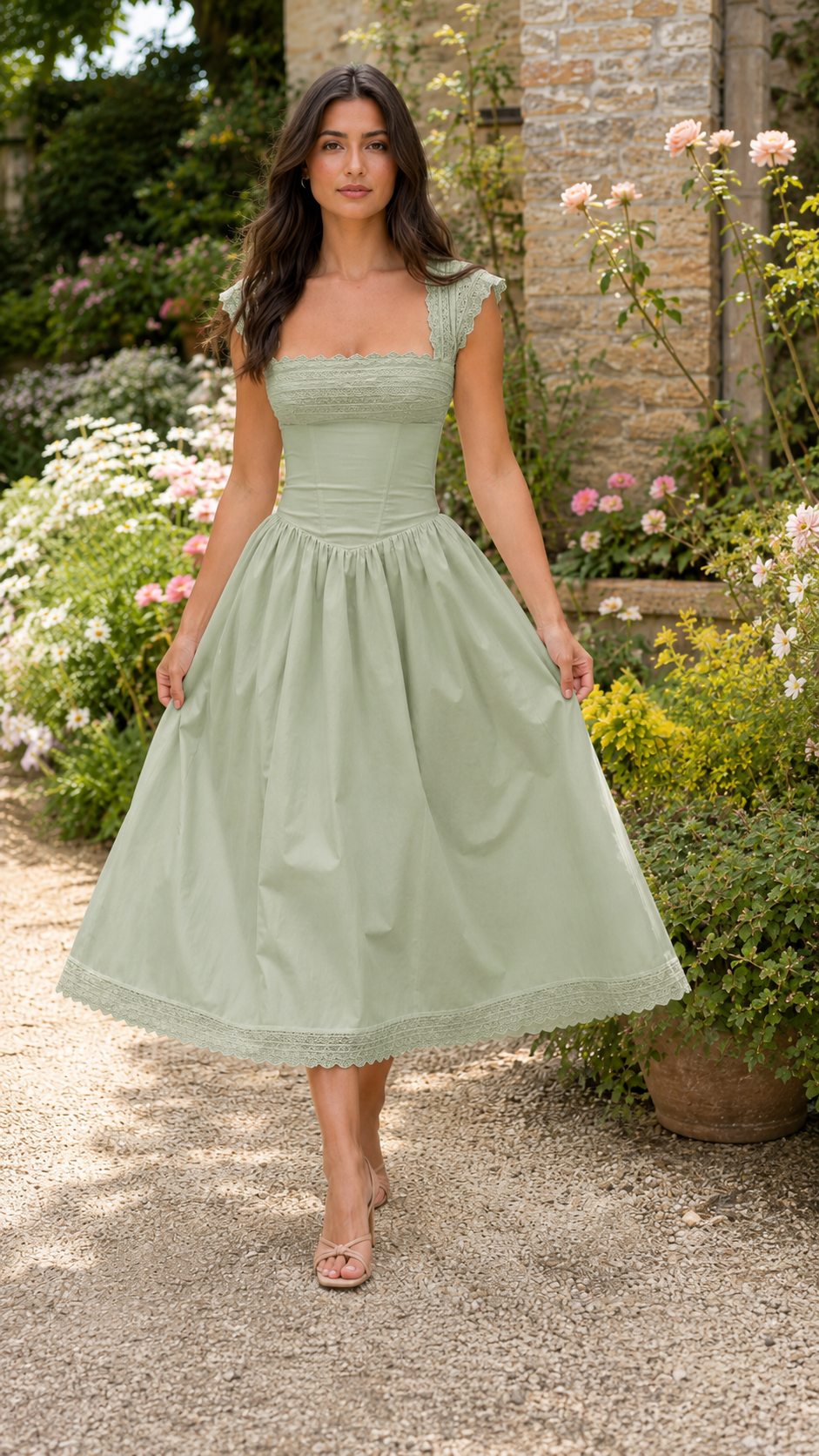 Front view of sage scalloped square neck midi fit and flare dress