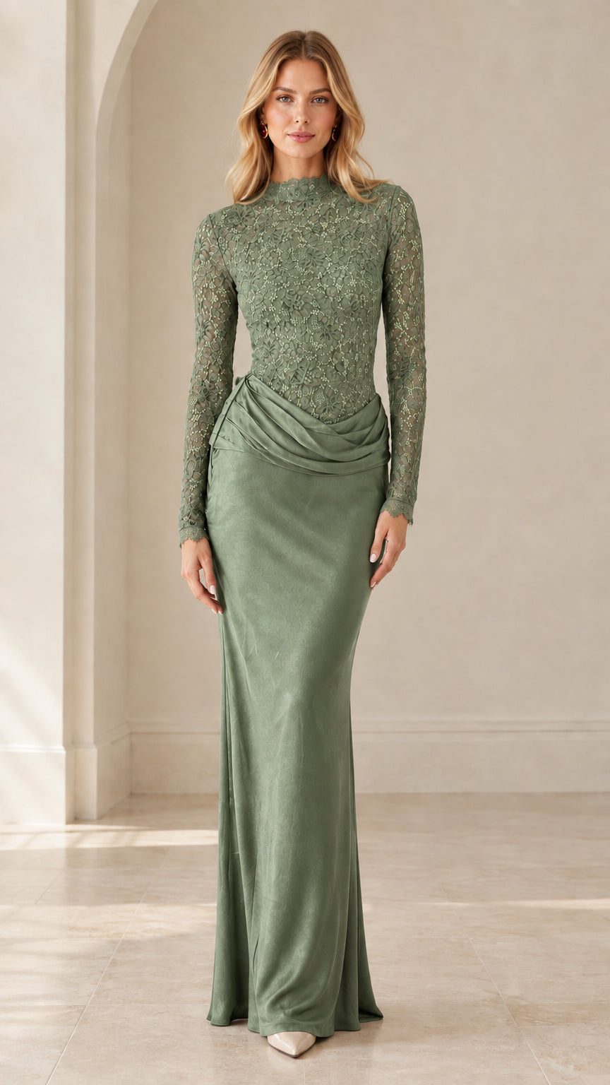 Sage green mock neck lace long sleeve draped formal maxi dress
