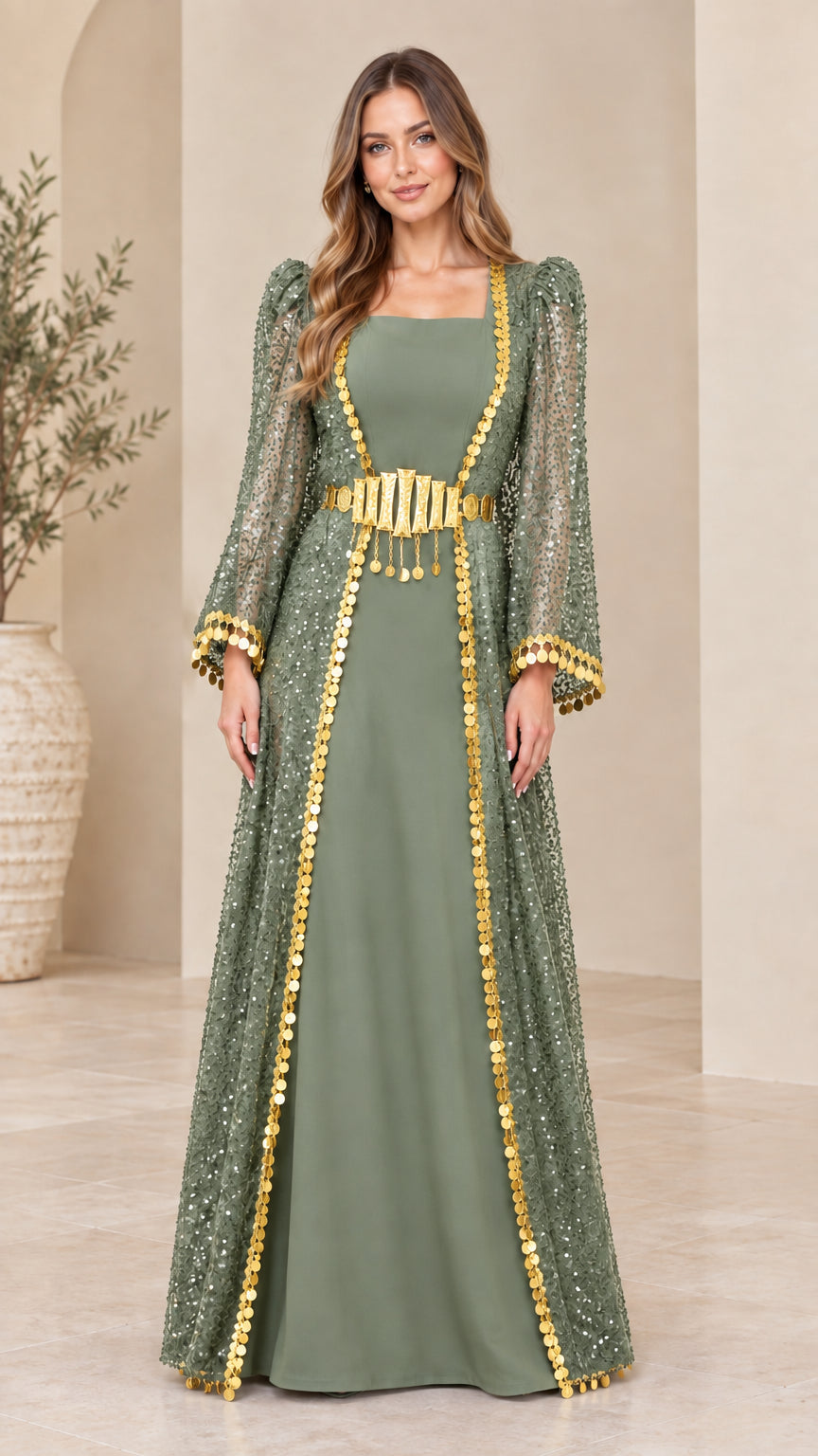 Sage green sequin kaftan maxi dress with gold coin trim