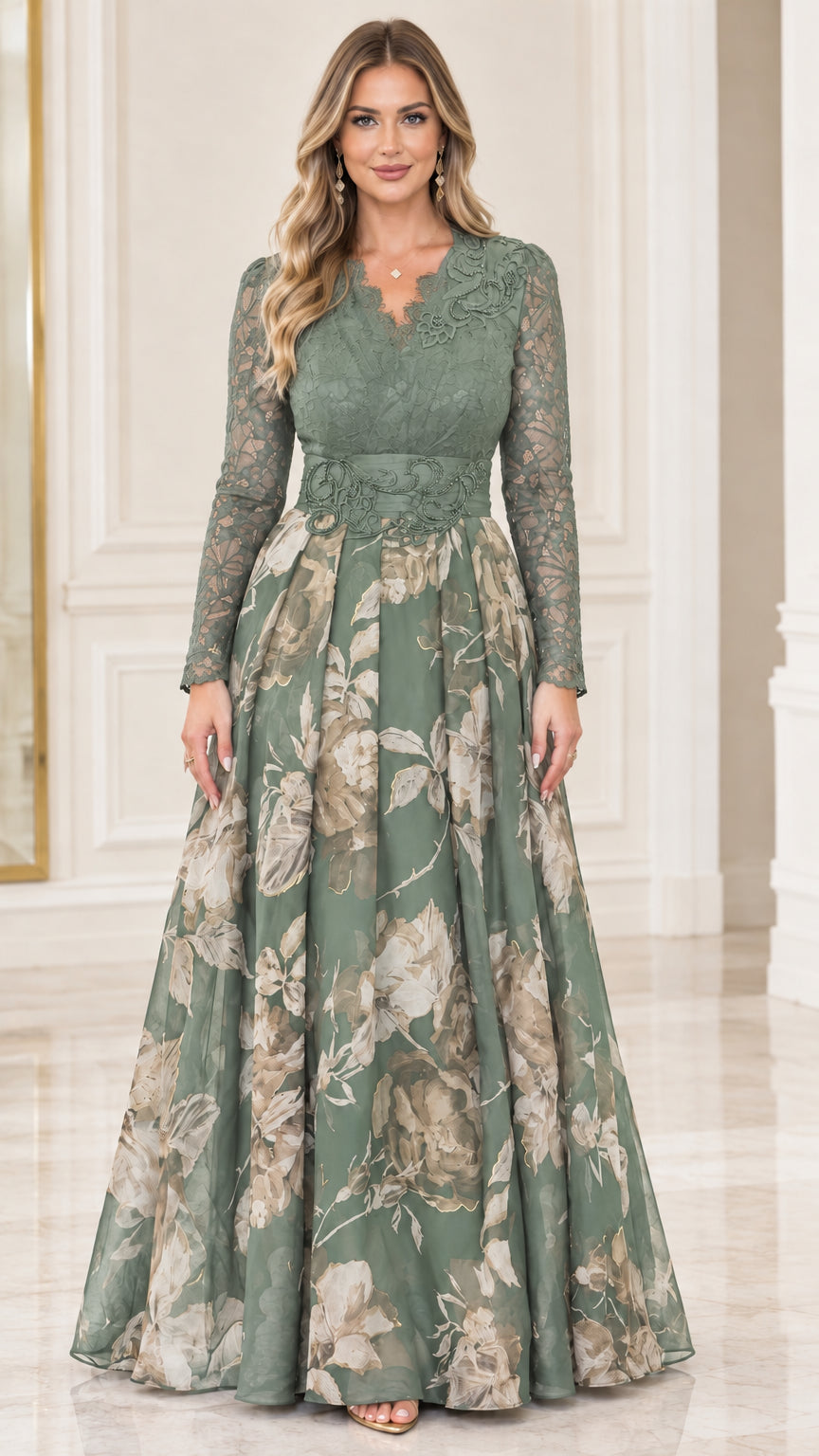 Sage green long sleeve lace bodice floral formal evening dress