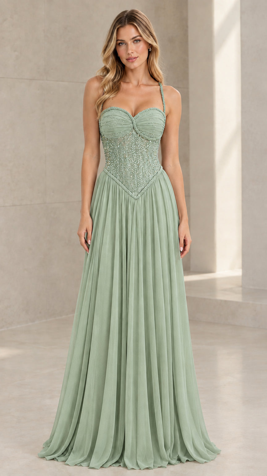 Front view of model wearing Sage Green beaded corset pleated chiffon dress