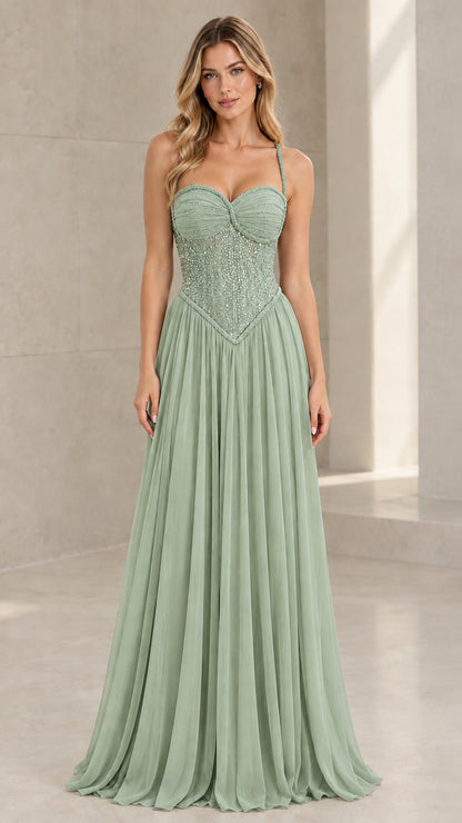 Front view of model wearing Sage Green beaded corset pleated chiffon dress
