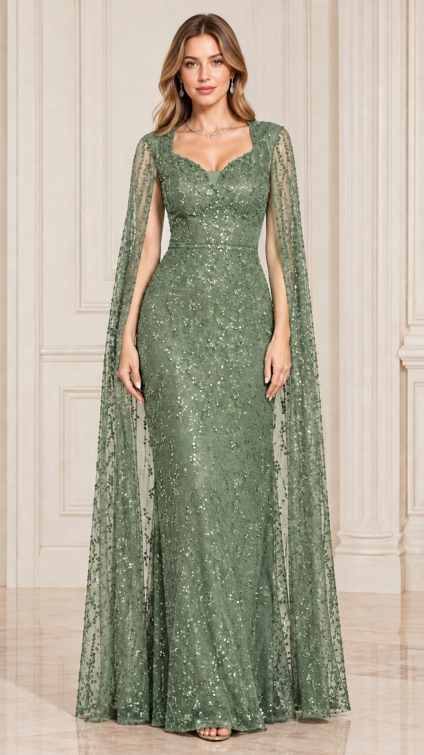 Front view of sage green sequined cape sleeve evening dress