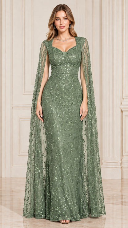 Front view of sage green sequined cape sleeve evening dress