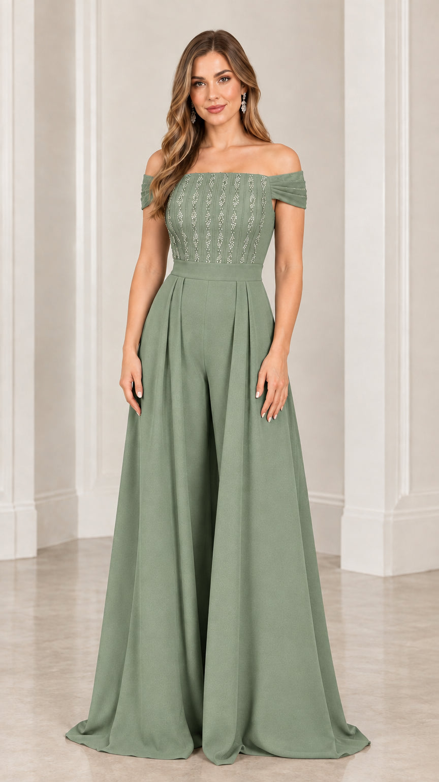 Sage green off-the-shoulder embellished wide-leg evening jumpsuit