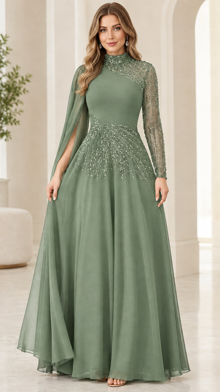 Front view of sage green high neck embellished cape sleeve evening gown
