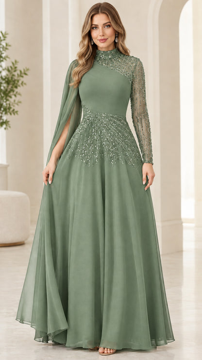 Front view of sage green high neck embellished cape sleeve evening gown
