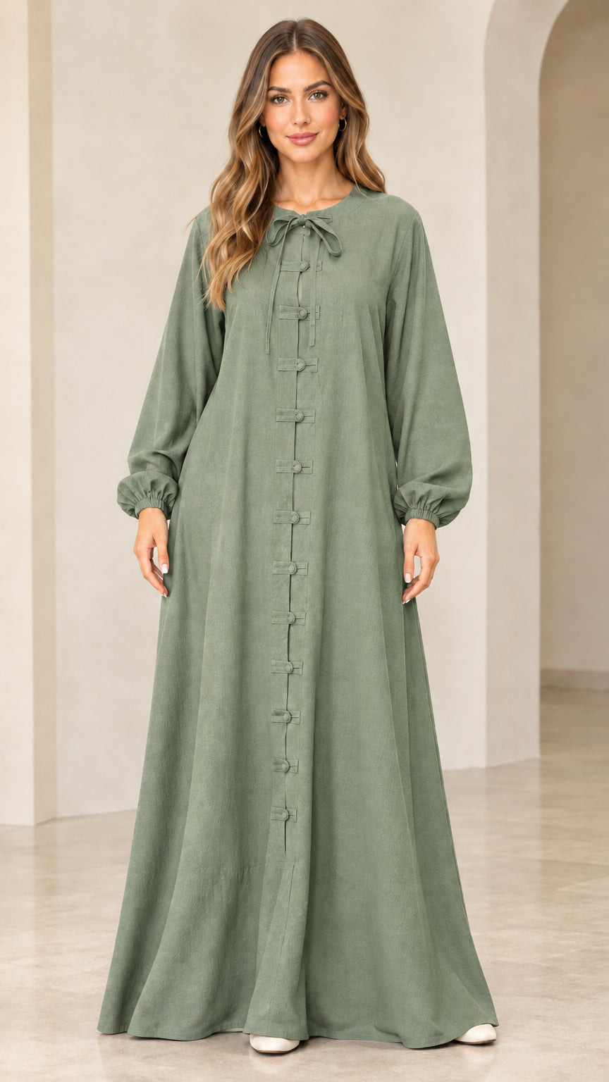 Sage green long sleeve tie neck maxi dress