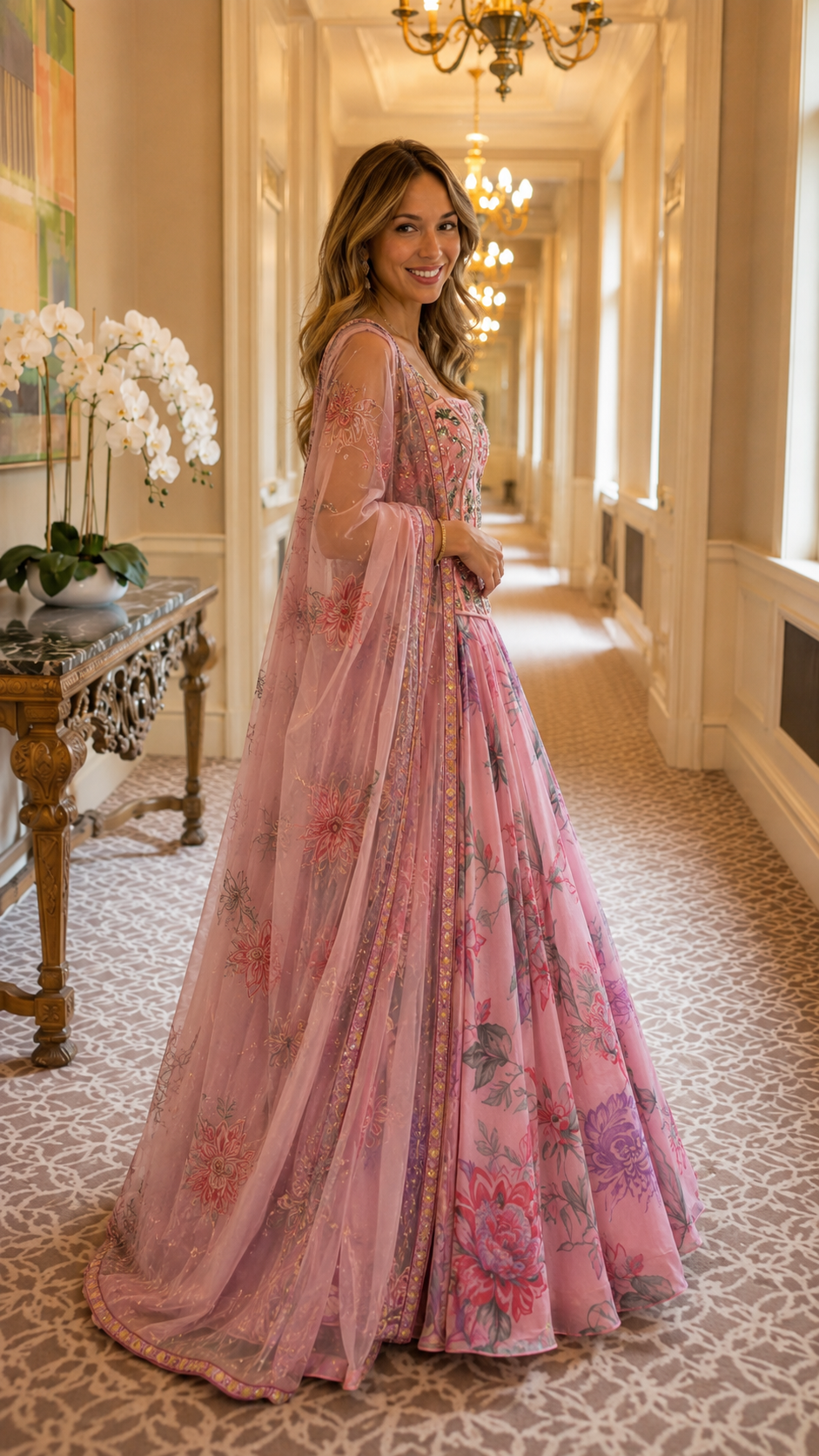 Blush pink embroidered ball gown side view with flowing sheer drape and full skirt