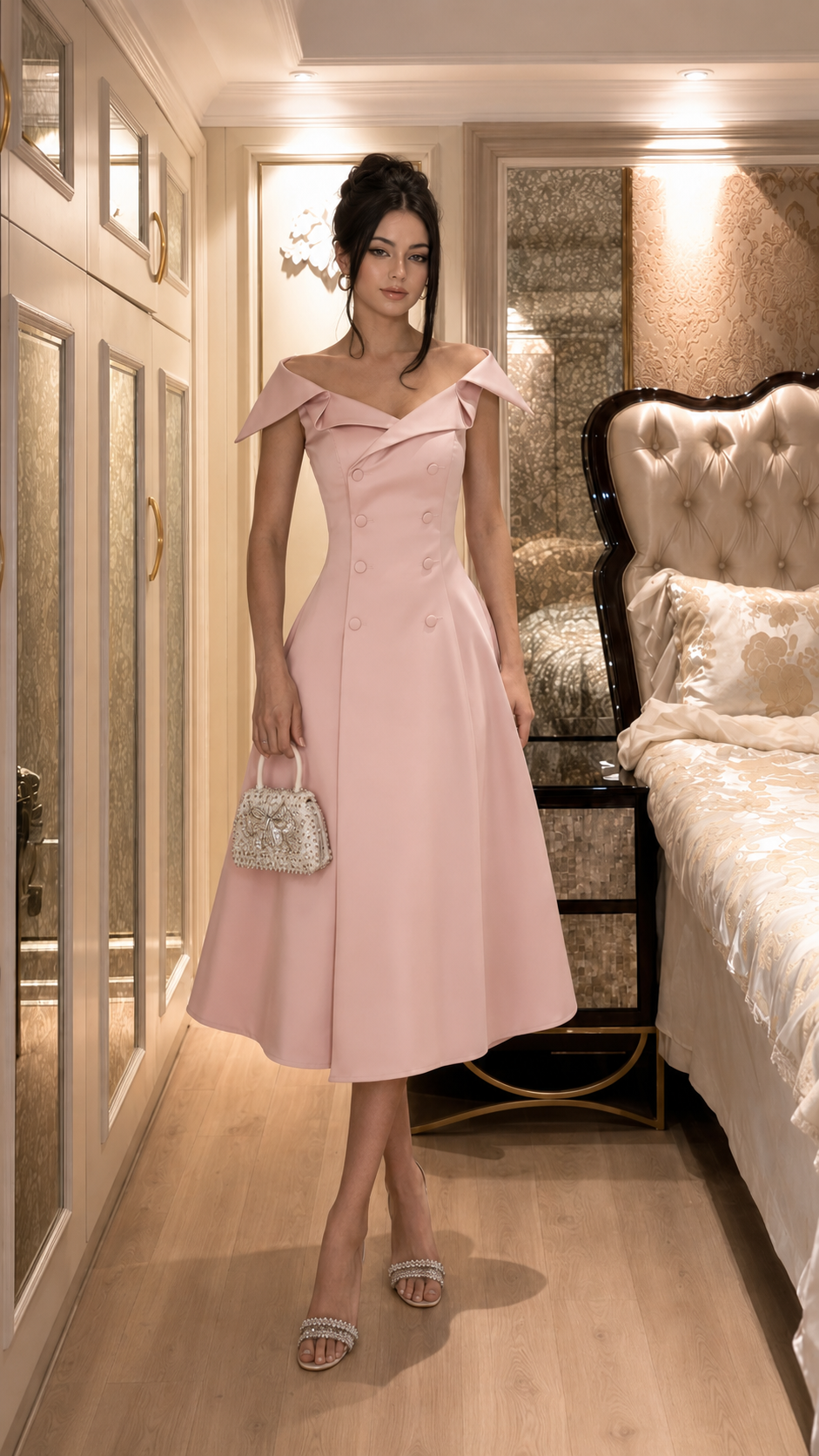 Front view of blush pink off-shoulder midi A-line dress