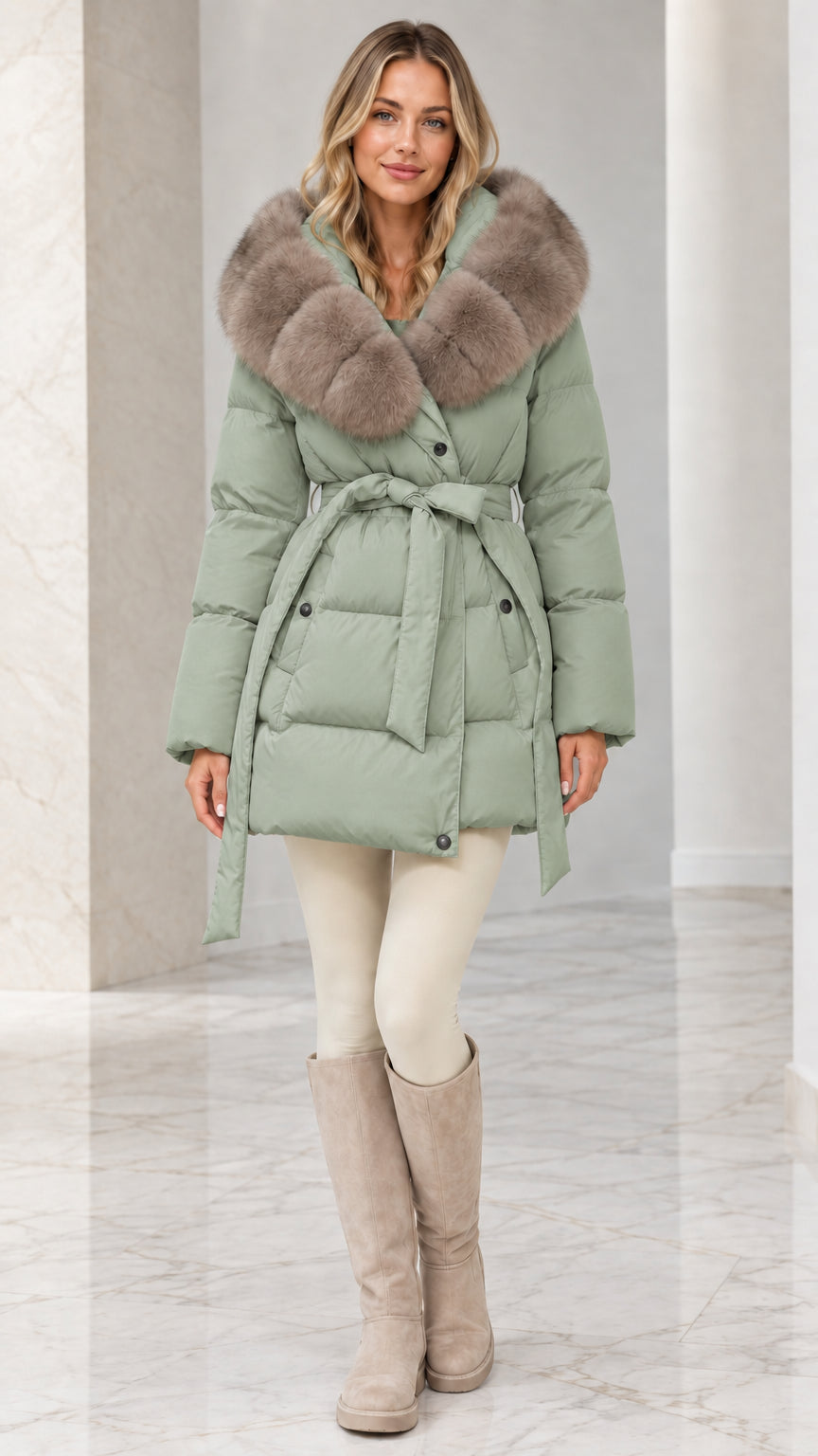 Model wearing Sage Green belted quilted puffer coat with plush faux fur collar