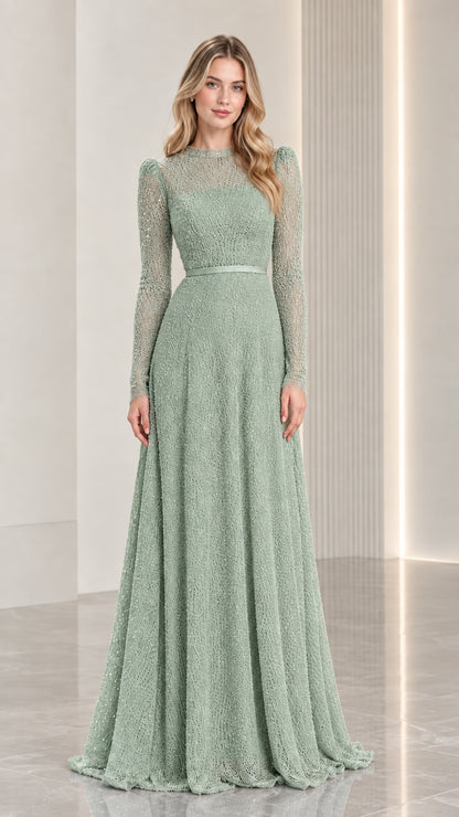 Full-length sage green textured evening gown with long sleeves
