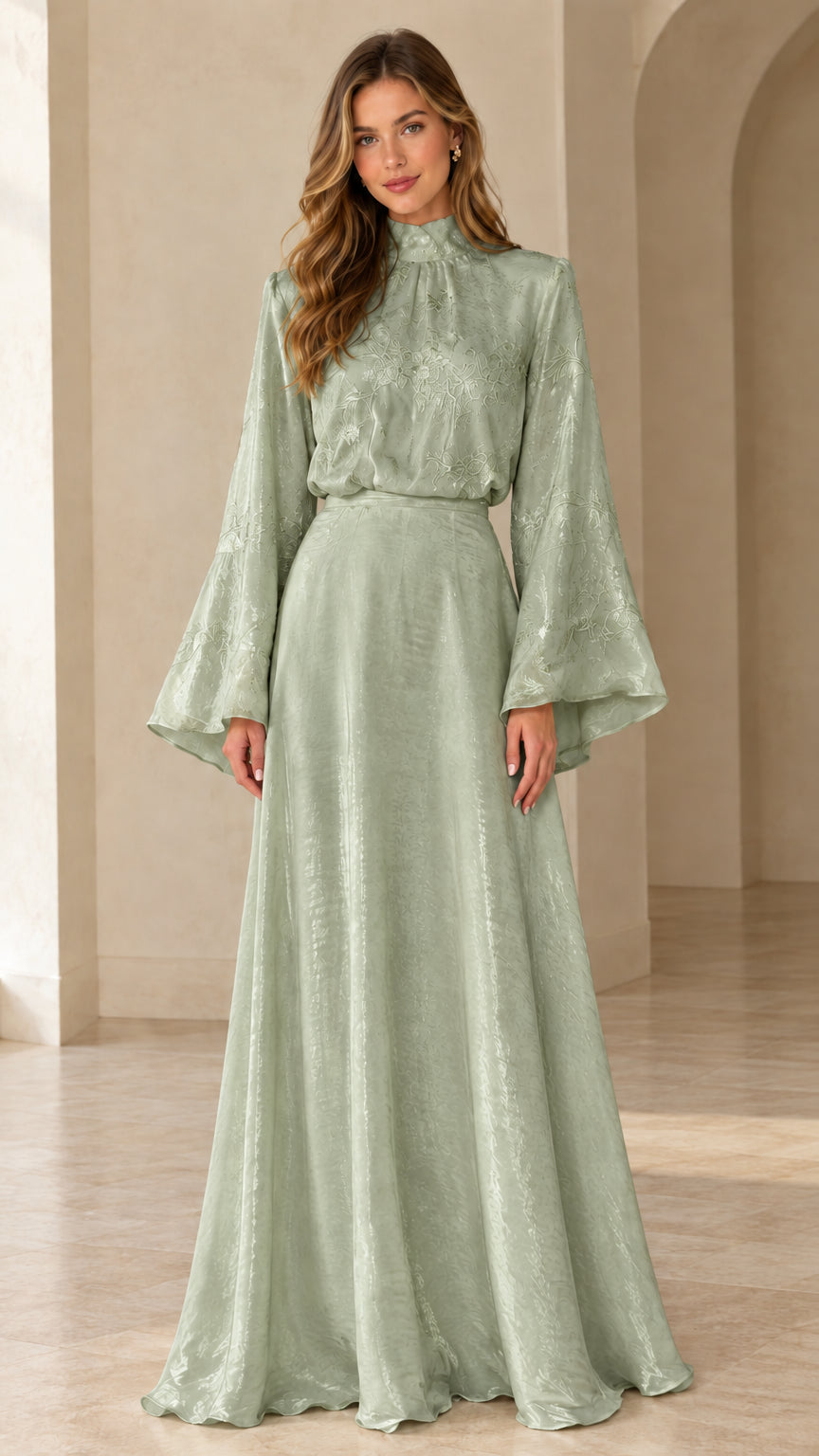 Front full view of woman wearing sage green high neck bell sleeve maxi dress