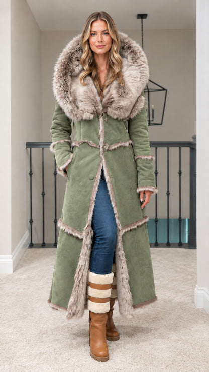 Full length sage green hooded faux suede maxi coat with faux fur accents