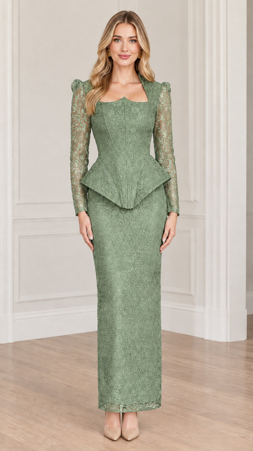 Front full-length view of model wearing the peplum lace maxi dress in sage green