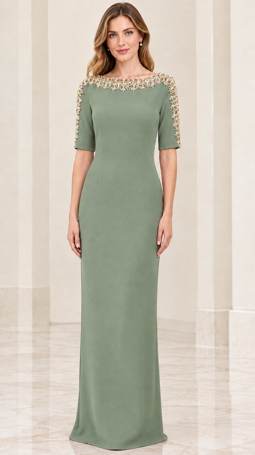 Front full-length view of model wearing sage green beaded column evening gown