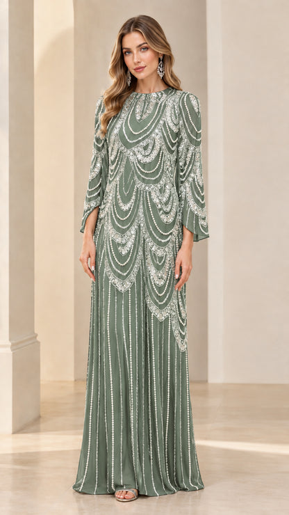 Front full-length view of sage green beaded and sequin formal maxi dress