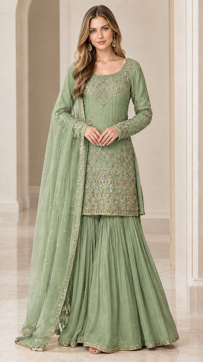 Sage Green festive embroidered kurti with pleated flared sharara pants