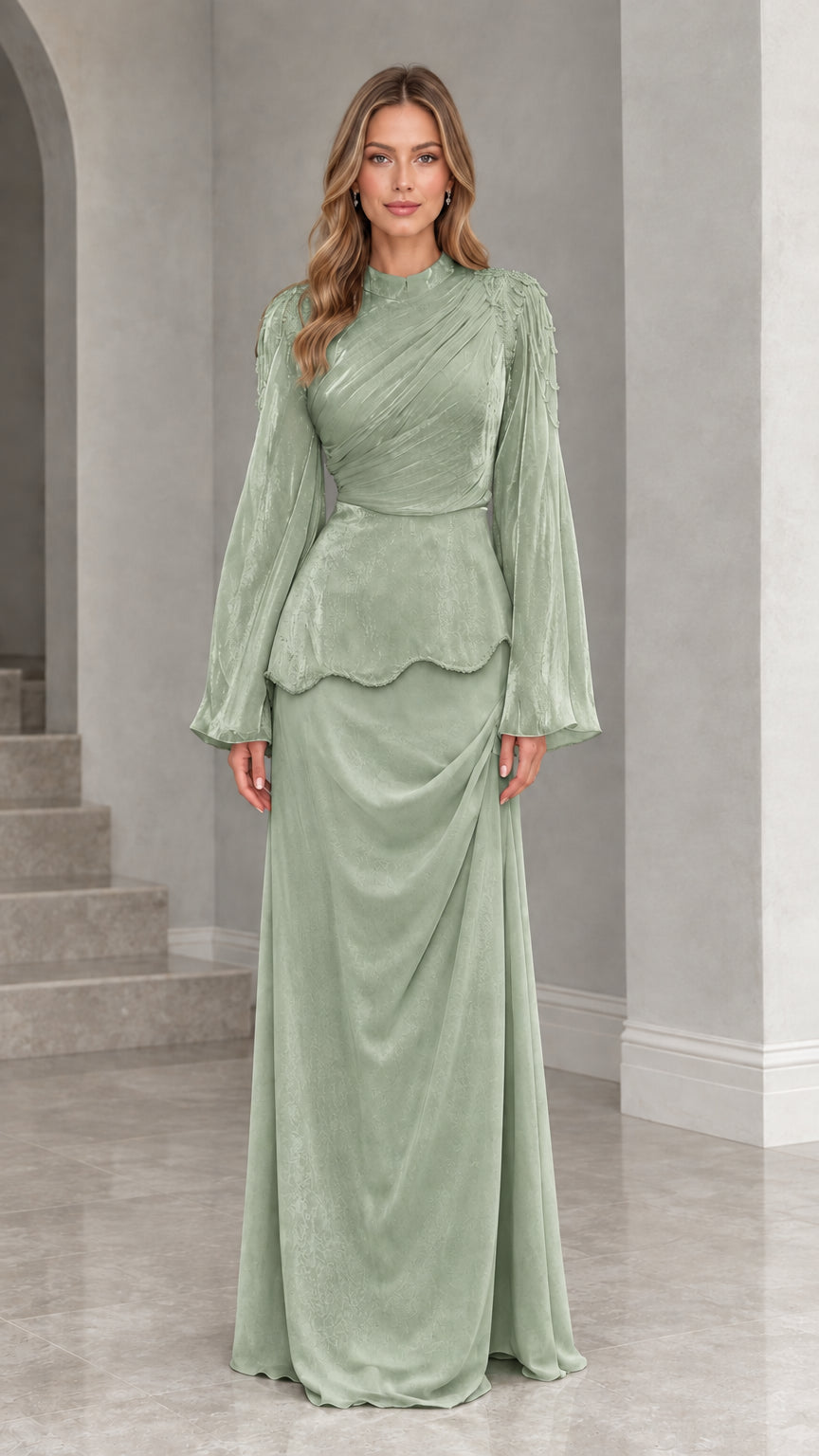 Sage green high neck long sleeve formal evening gown