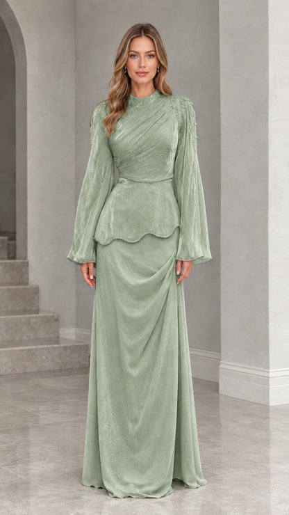 Sage green high neck long sleeve formal evening gown