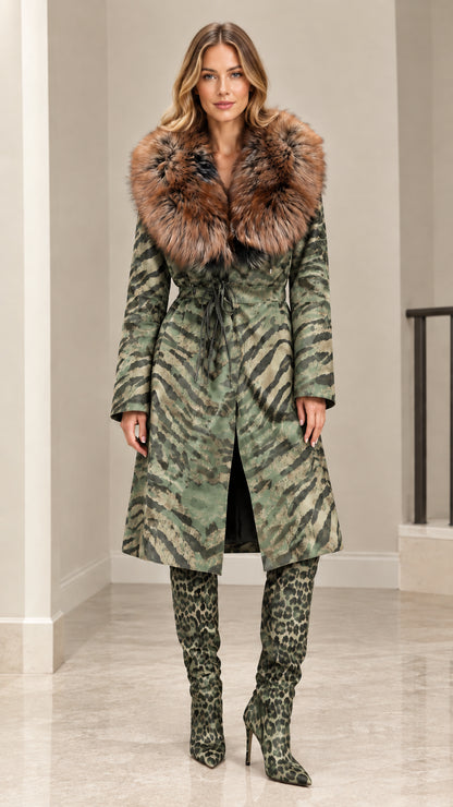 Model wearing Sage Green animal print long coat with plush fur collar