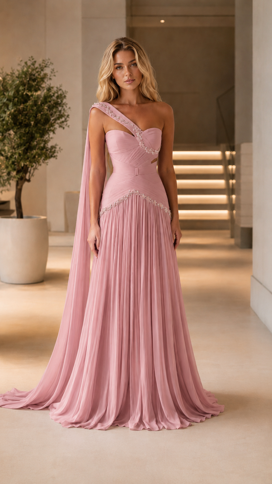 Blush pink one-shoulder beaded evening dress with soft pleated skirt