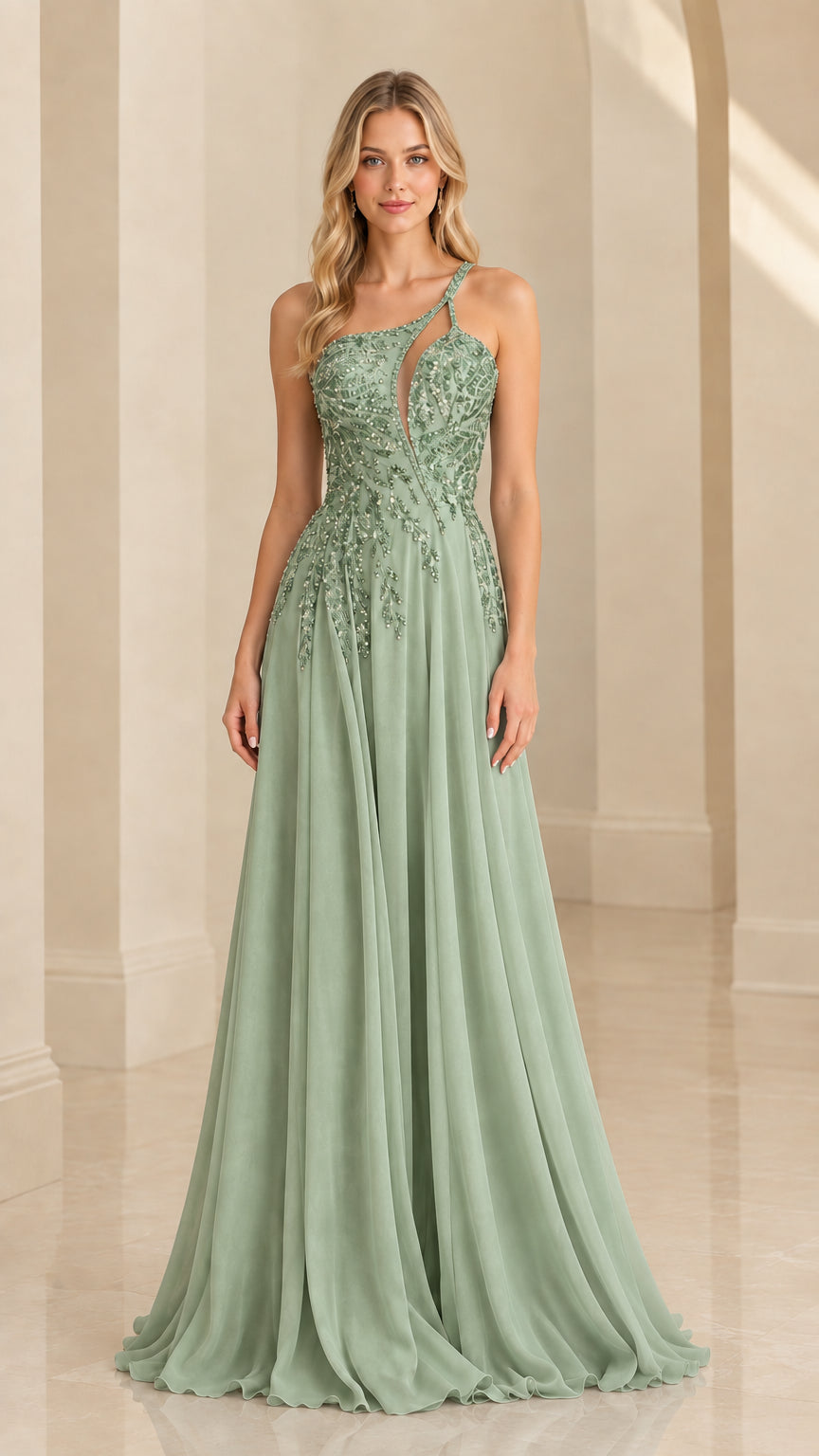 Sage green one-shoulder beaded chiffon floor-length gown front view