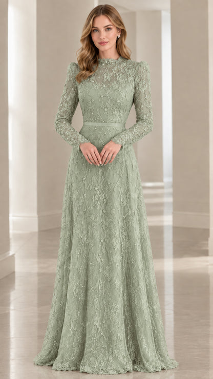 Model wearing sage green high-neck long-sleeve lace maxi dress