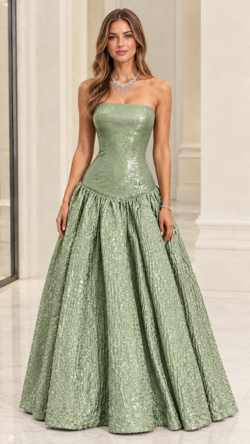 Model wearing Sage Green strapless shimmering formal ball gown