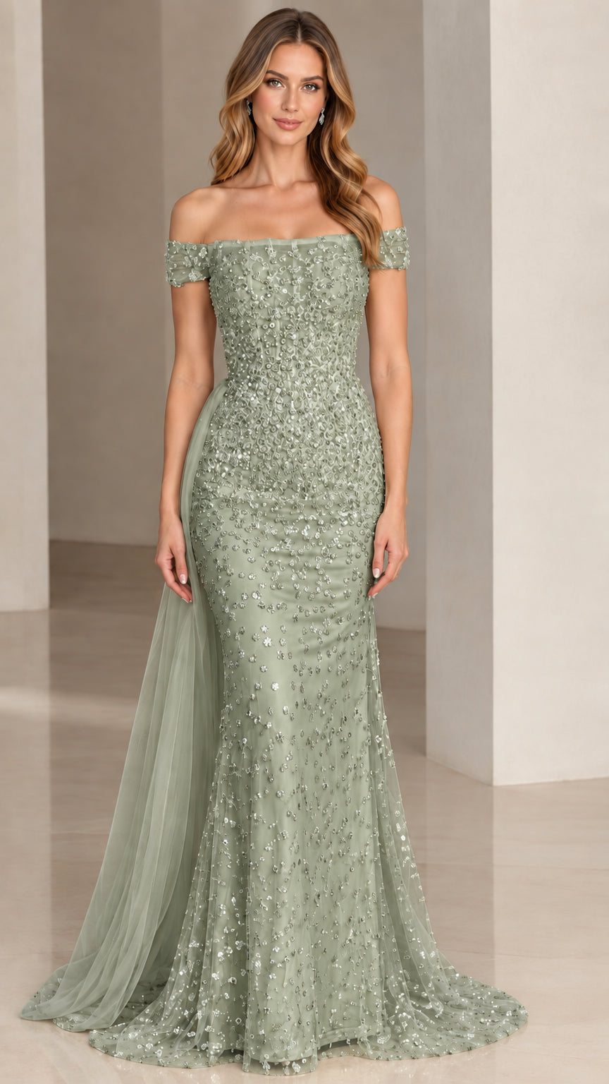 Full-length sage green off-the-shoulder sequin mermaid formal gown