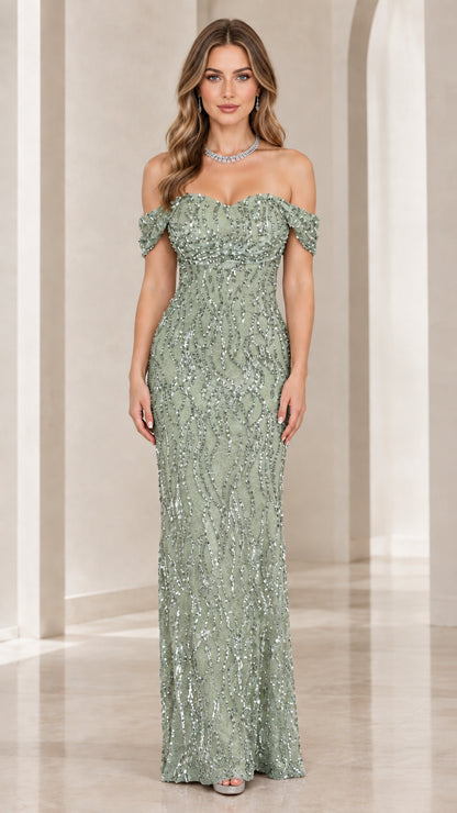Sage green off-the-shoulder sequin embellished evening dress
