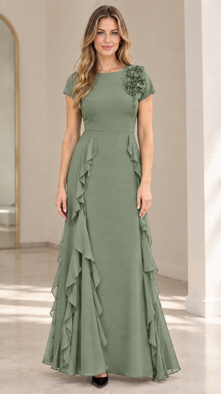 Front view of sage green evening maxi dress with floral appliqué and cascading ruffle skirt