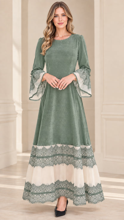Model wearing sage green velvet formal maxi dress with flared lace sleeves