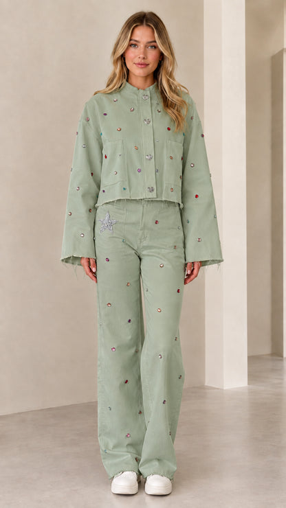 Full front view of sage green rhinestone cropped jacket and wide-leg trousers set