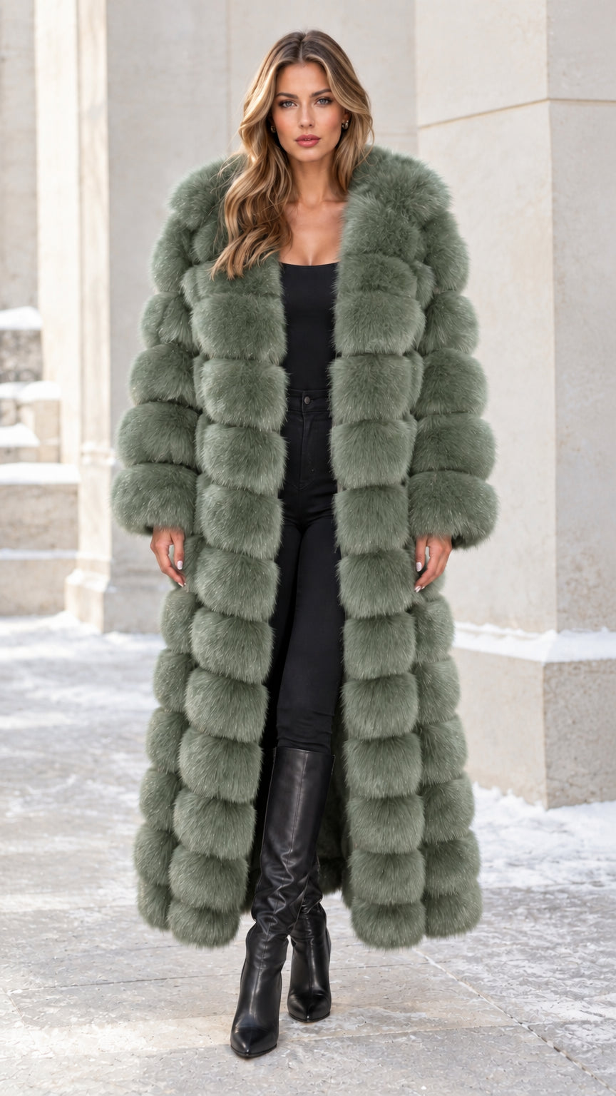 Model wearing sage green tiered full-length faux fur coat