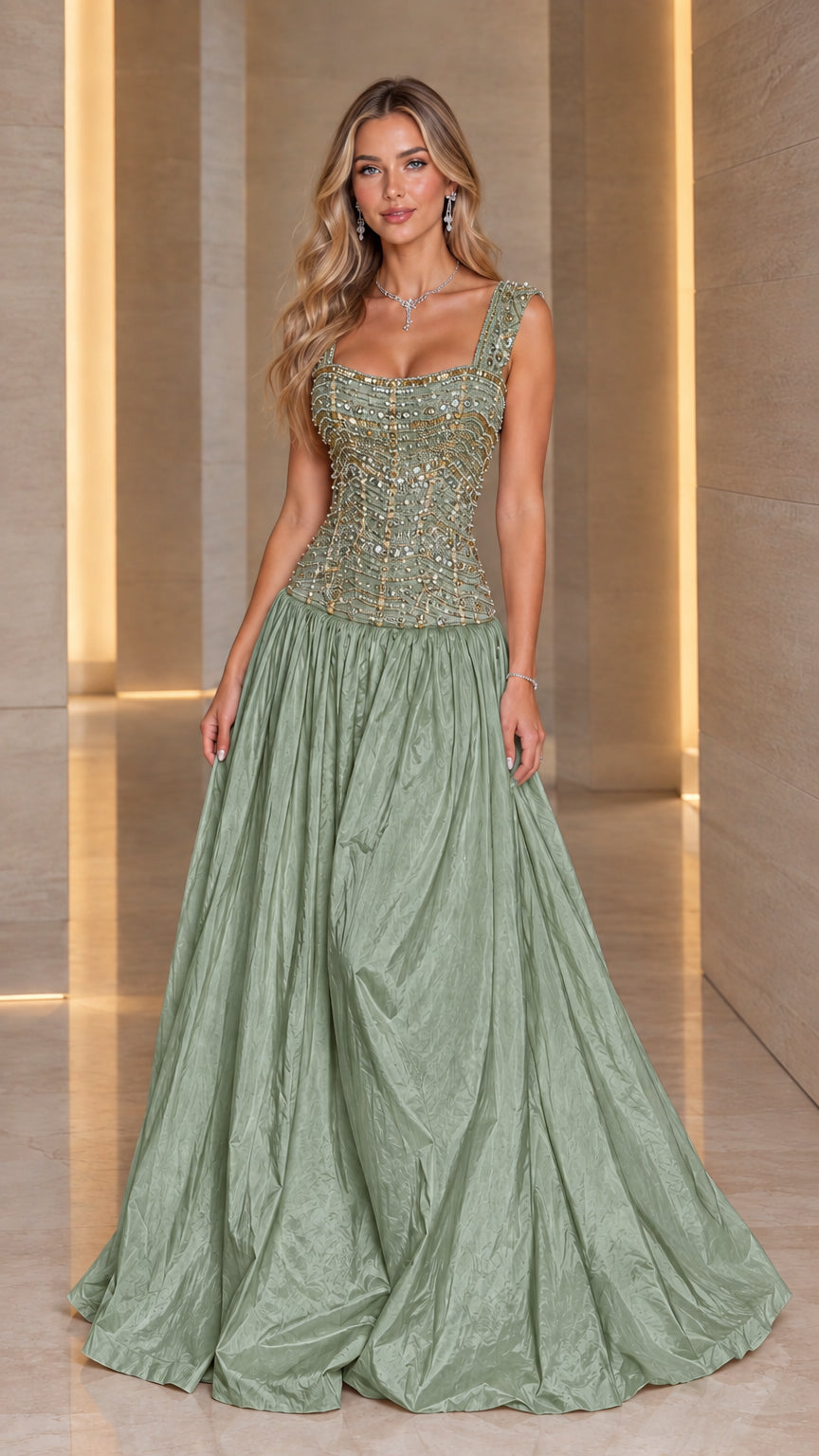 Model wearing Sage Green embellished corset bodice formal evening dress