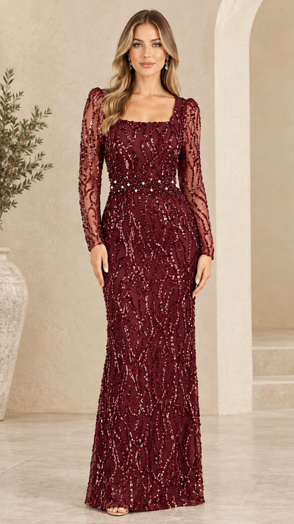 Woman wearing burgundy red square neck sequin formal evening dress