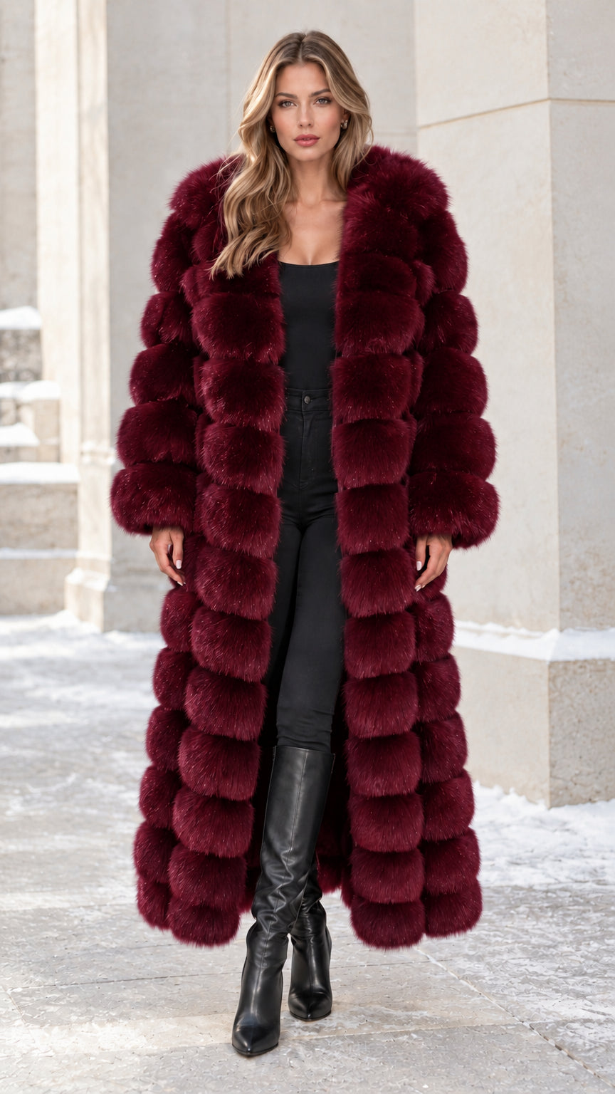 Model wearing rich burgundy wine red maxi faux fur winter coat