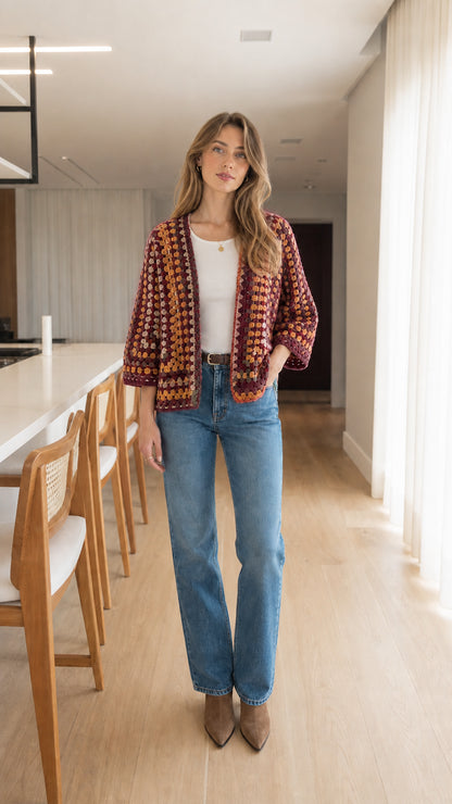 Woman wearing Wine Multi burgundy tones crochet open front cardigan jacket