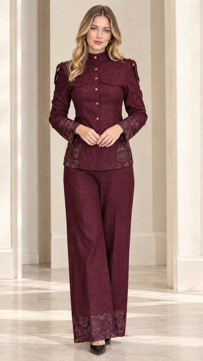 Full front view of rich burgundy two-piece jacket and wide-leg pantsuit set with floral jacquard trim